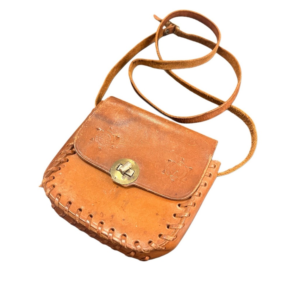 Vintage Handmade Tooled Leather Crossbody Bag Boho Hippie Festival Purse